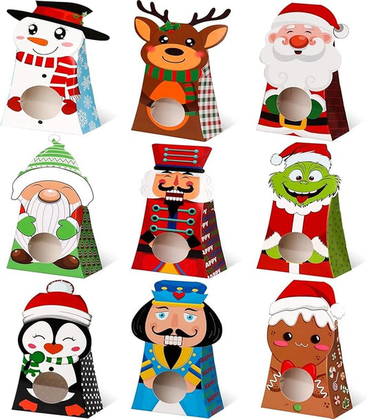 Giiffu 54-Pack Christmas Treat Boxes with Clear Window, 9 Assorted Holiday Designs Small Candy & Goodie Boxes for Classroom Gifts, Party Favors & Holiday Treat Wrapping (7.5 x 4 x 2 Inches)