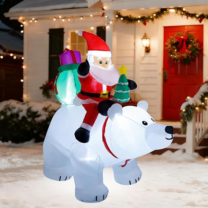DR.DUDU 6 Ft Christmas Inflatable Santa Claus with Polar Bear and Christmas Tree, Build-in LED Lights Blow up Xmas Inflatables Decoration for Yard Garden Lawn Holiday Party