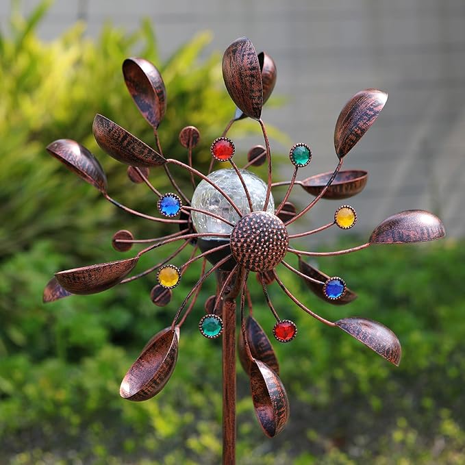 Solar Wind Spinner Multi-Color LED Lighting by Solar Powered Glass Ball with Kinetic Wind Aculptures Dual Direction Decorative Lawn Ornament Wind Mill.