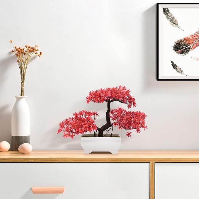 Mini Artificial Bonsai Tree Plants with Plastic Cement Pots for Home Office Décor(Red)