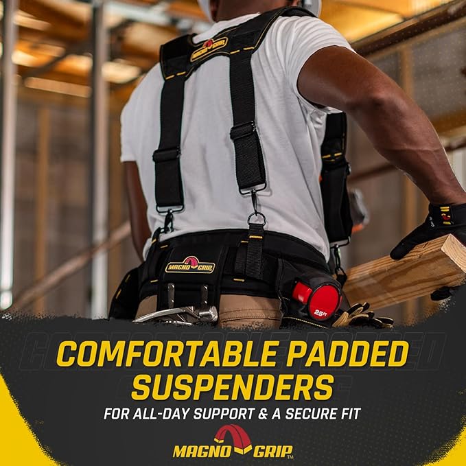 MagnoGrip 20-Pocket Builder’s Tool Rig with Magnetic Storage—Heavy-Duty 1680D Polyester Tool Belt with Padded Suspenders, Rivet Reinforced Stress Points, and Smartphone Holder, Fits Up to 52” Waist.