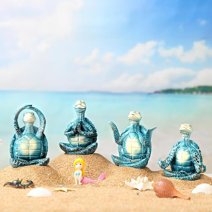 4 Pcs Sea Turtle Meditation Yoga Decor Zen Sea Turtles Garden Statue Figurines Coastal Ocean Beach Bathroom Decor Turtle Gifts for Women Yogis Home Office Decorations(Fashion)