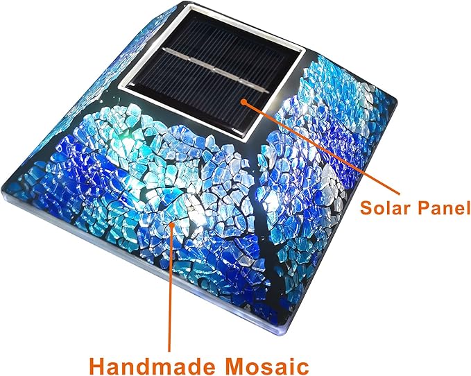 SUNNYPARK 2PK Mosaic Solar Post Cap Lights Outdoor for 4x4, 3.5x3.5 Post Crackled Glass Deck Fence Lamp Weatherproof LED Light Decor in Garden, Yard, Outdoor Table, Balcony, Landscape- Cyan Blue