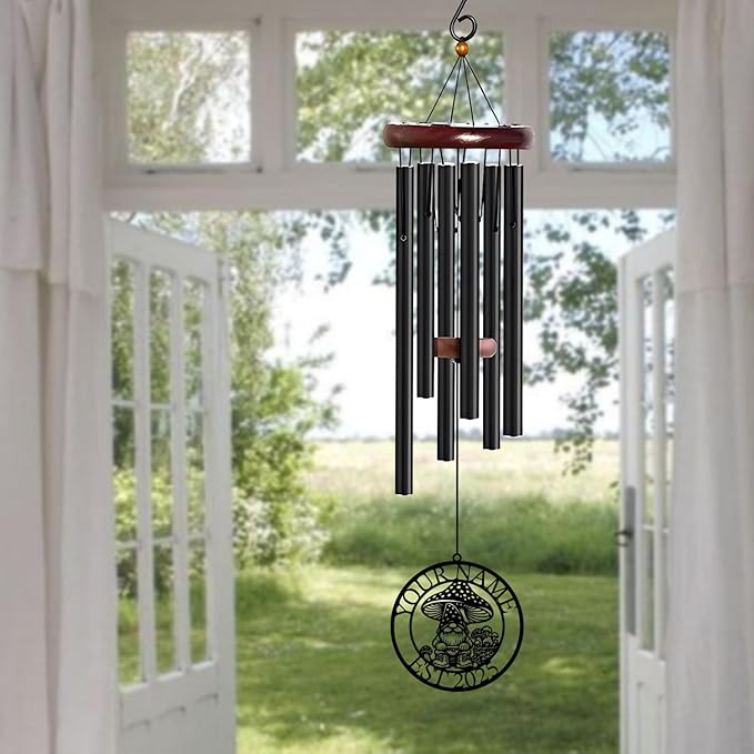 Personalized Customize Name Gnome Wind Chime, Metal Iron 37 Inch Outdoor Memorial Gift for Garden Yard Patio Home Decor, Black，Christmas (Style E)