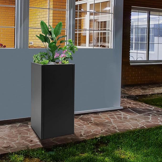 Metallic Heavy Outdoor/Indoor Planter Box, Seamless Large Metal Planter for Tall Trees, Plants, Flowers, No Assembly Required (Black, 14 * 14 * 30 inch)