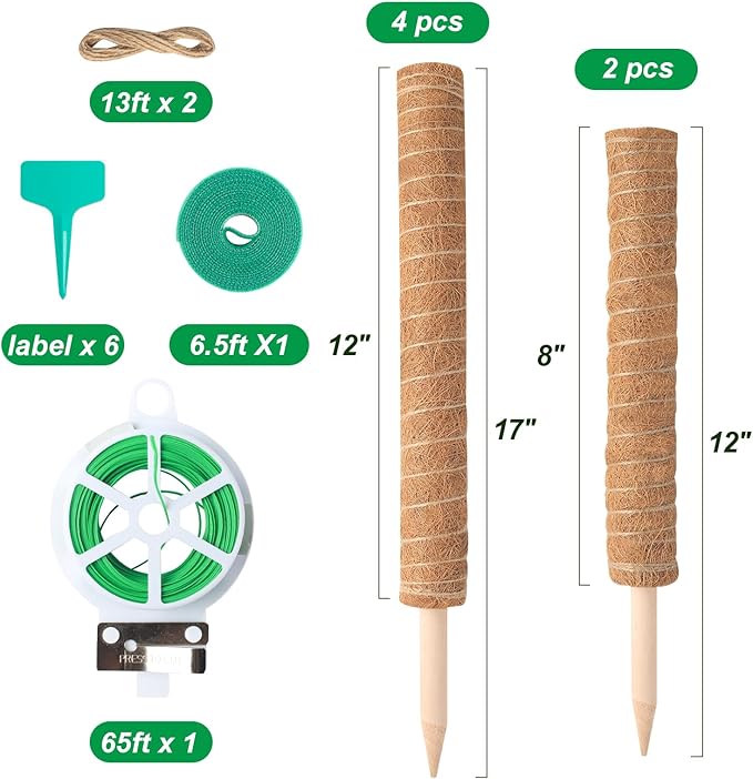 6 Pack Moss Poles for Monstera Plant Support (4x17in + 2x12in, 92in Total) – Stackable Moss Pole for Plants,Ideal Plant Stakes for Indoor Plants, Pothos, and Philodendron Support，with Garden Ties
