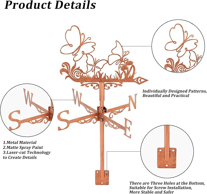 SUPERDANT Butterfly Weather Vane Tussock Wind Vanes for Yard Metal Weathervane Roof Mount for Gardens Outside Reddish Copper Weathervanes Farmhouse Farm Barn Sheds Patio Decorations