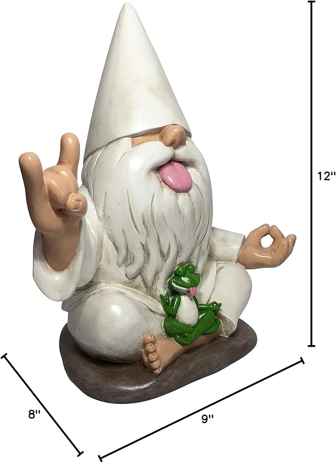 GlitZGlam Rocker Gnome George with Zen Frog - This Garden Gnome Combines Peace, Tranquility and Rock N Roll for Your Fairy Garden