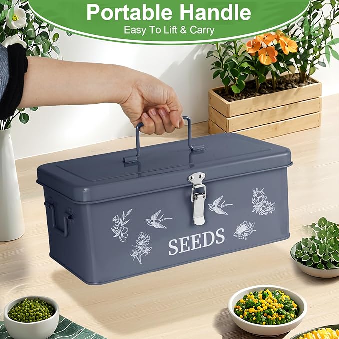 FACULX Seed Organizer Storage Box, Seed Saver Kit with 40 Plant Labels and 40 Seed Envelopes, Metal Seed Storage Organizer, Seed Saving Box, Seed Packet Container, Large, Grey