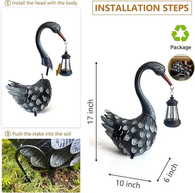 HONGLAND Black Swan Solar Garden Statue Outdoor Decor Bird Decor Lawn Ornament for Backyard Patio Porch Poolside