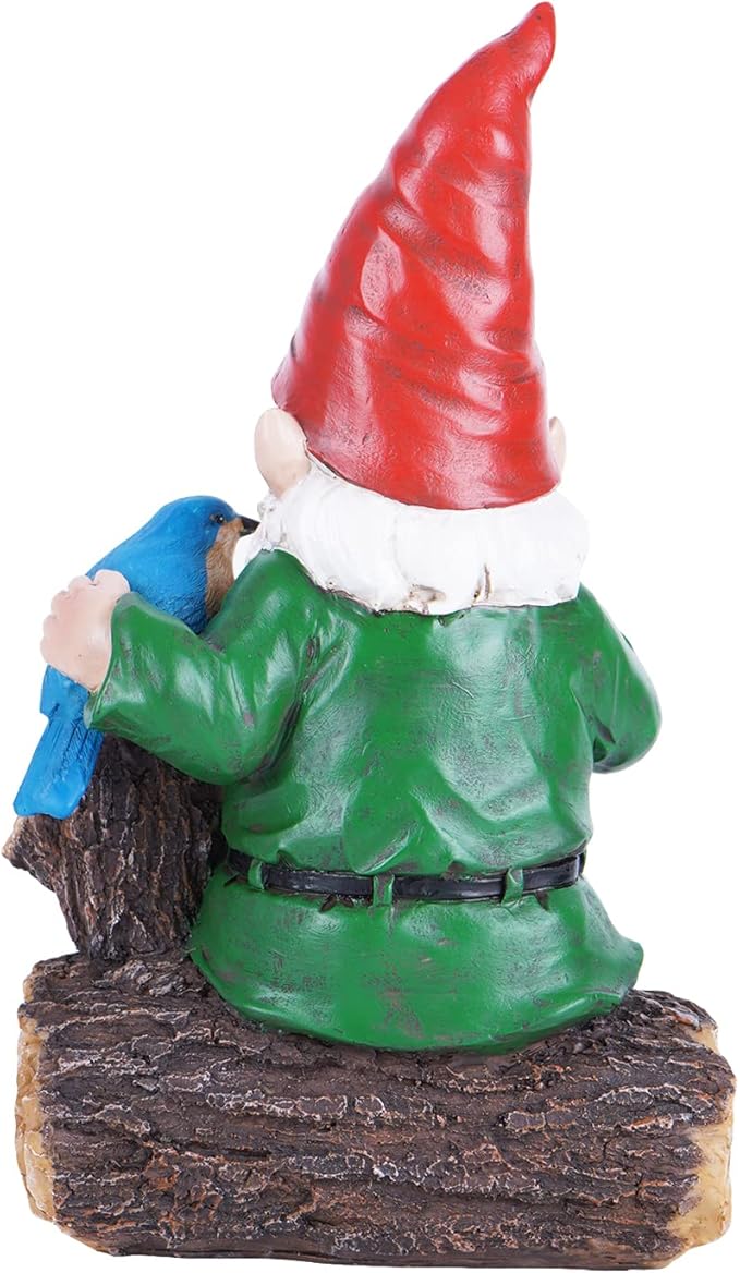 Topadorn Garden Gnome Statues with Bird Resin Sculpture Gnome Sitting on The Stump Outdoor Statues for Outdoor Garden Decor