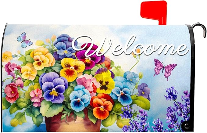 Welcome Spring Summer Magnetic Mailbox Cover - Standard Size 18 X 21 Inch With Flowers and Butterfly - Floral Wraps for Post Letter Box - Outdoor Garden Yard Home Outside Decoration