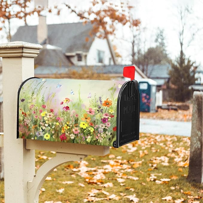 Spring Magnetic Mailbox Covers Flower Mailbox Cover Magnetic Standard Size 25.5" X 21" Butterfly Floral Wraps Post Letter Box Cover Decor for Outside Garden Yard Farmhouse Home