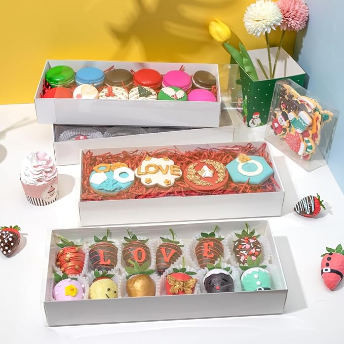 RomanticBaking 20PCS Strawberry Boxes Cookie Boxes Bakery Boxes Treat Boxes for Christmas Valentine's Wedding(12"x4.8"x2")