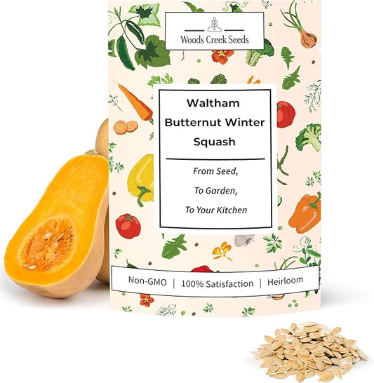 Woods Creek Seeds: Waltham Butternut Winter Squash Seeds for Planting - Over 75 Heirloom Non-GMO Butternut Squash Seeds for Planting Outdoors or Indoors - Beginner Friendly & High Yield Seed