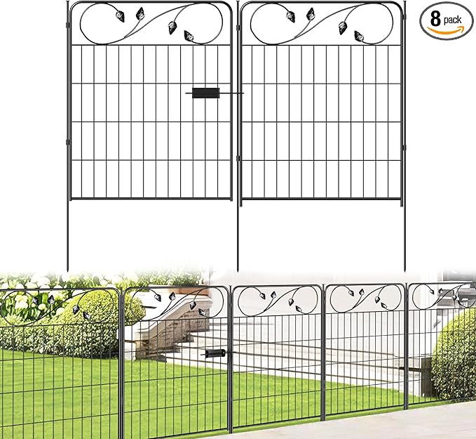 Decorative Metal Garden Fence 30in(H) X16ft(L) 1 gate+7 Panels Temporary Dog Fence Border for Landscape Patio Outdoor with gate, No dig Garden Fencing Gates for Yard