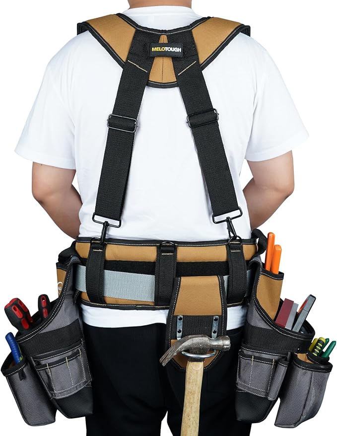 MELOTOUGH Tool Belt with Suspenders Tool Bag Suspenders Framers Comb Apron Tool Belt Construction Tool Pouch Builder Heavy Duty Carpenter Suspension Rig for Electrician, Roofing,Contractor(Khaki)