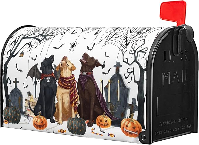 25.5"x21" Halloween Dogs Magnetic Mailbox Cover Spooky Pumpkins Tombstone Spider Web Bats Waterproof Mailbox Wrap Letter Post Cover Large Size for Garden Yard Outside Holiday Decor