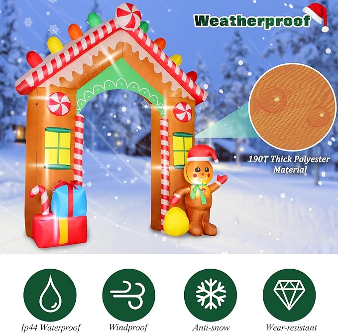 FunFanso 9 FT Christmas Inflatables Archway Outdoor Decorations, Gingerbread Man House Arch Blow Up Yard Decoration with Colorful Gift Boxes, Built-in LED Lights for Garden Porch Xmas Party Decor