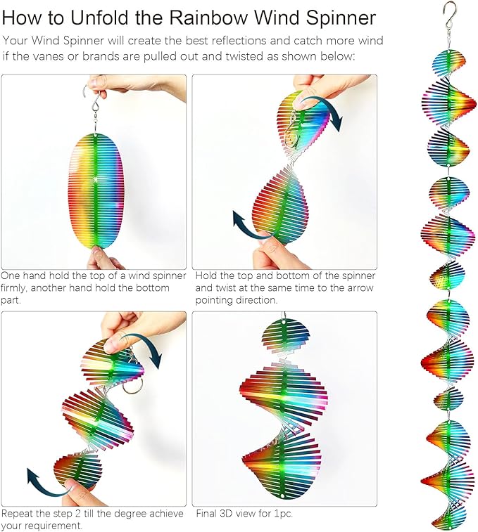 Rainbow Wave Wind Spinners Outdoor Hanging Garden Decor,Bird Deterrents for Outside,Sparkly Reflective Wind Spinner,Stainless Steel Bird Scare Devices-Scare Birds Away from Yard Patio Farm