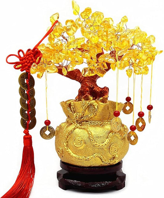 Feng Shui Yellow Quartz Crystal Tree, Bonsai Style Money Trees Decoration for Luck and Wealth (Purse)