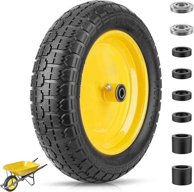 TICONN 4.80/4.00-8 Tire, 14.5" Flat Free Wheelbarrow Tire and Wheel, Solid Replacement Tires with 3" Centered Hub, 5/8" 3/4" Bearings, Universal Fit 4.80/4.00-8, 3.50/3.00-8, 4.00-6 (Yellow)