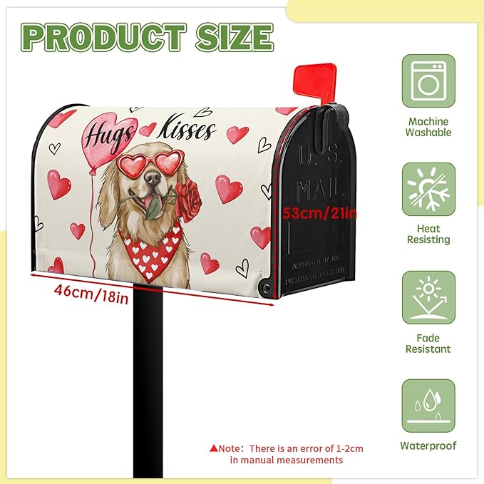 Valentine Mailbox Covers Magnetic Pink Love Heart Mailbox Cover Standard Size 21x18 Inch Golden Retriever Decorative Mailboxes for Outside Garden Yard