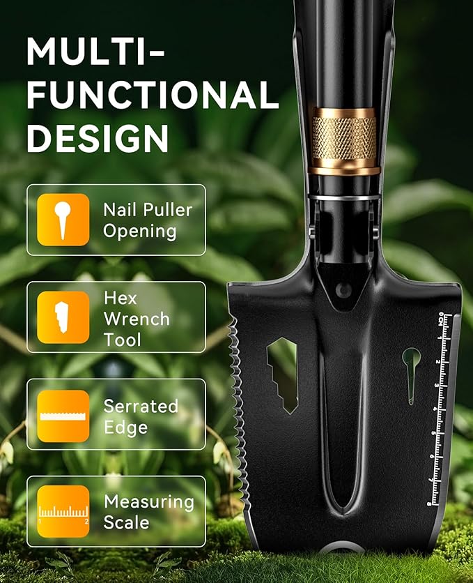 SUNPOW Shovels for Digging, Camping Shovel, Portable Shovel for Gardening, Digging, Metal Detecting, Hiking, Car Emergency - Multifunctional Lightweight Outdoor Shovel, Black, SPMS02