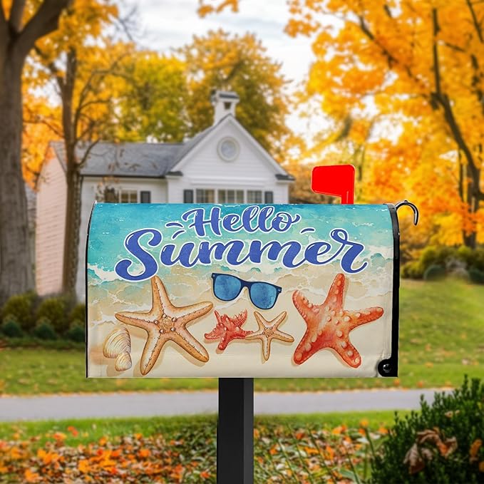 Hello Summer Mailbox Cover Beach Starfish Mail Box Covers Magnetic Standard Size Sunglasses Post Letter Box Cover Wrap 21x18 inch Mailbox Decorations for Outside Garden Yard