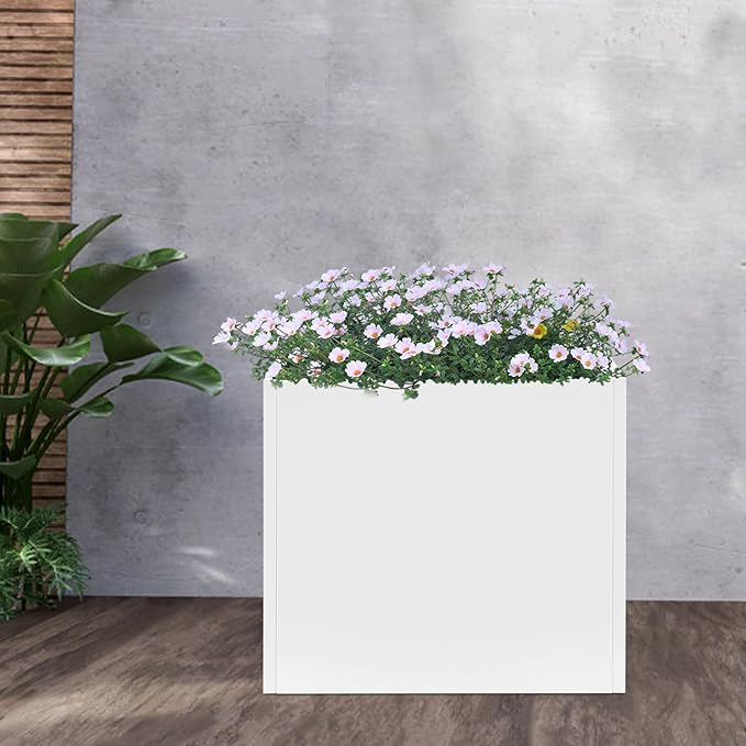 Metal Planter Box, Tall Rectangular Raised Garden Bed with Removable Shelf and Drainage Holes, Modern Steel Garden Planter, Flower Planter Boxes for Patio, Yard & Porch, Outdoor (White, 28*12*28in)