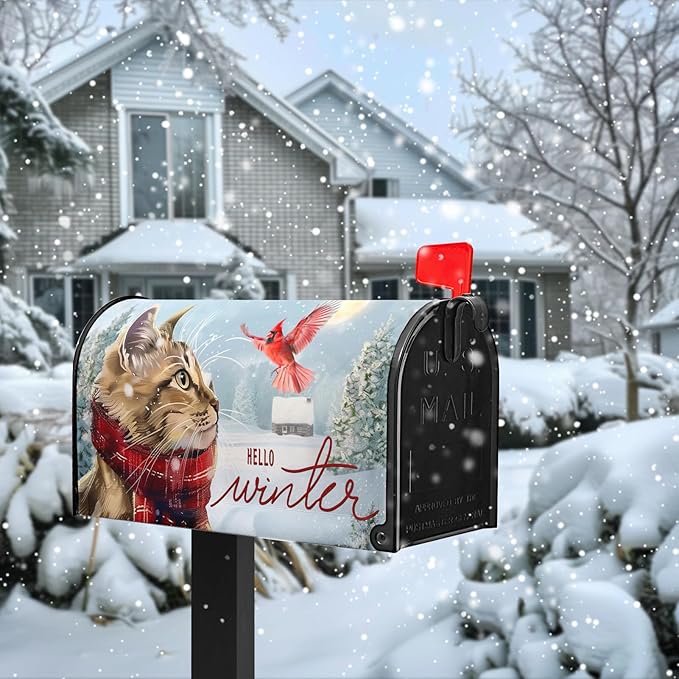 Hello Winter Oversize Magnetic Mailbox Cover - Hello Kitty Cardinal Snowy Waterproof Post Letter Cover - Rustic Snow Tree Red Bird Mailbox - Large Size 25.5" L x 21" W