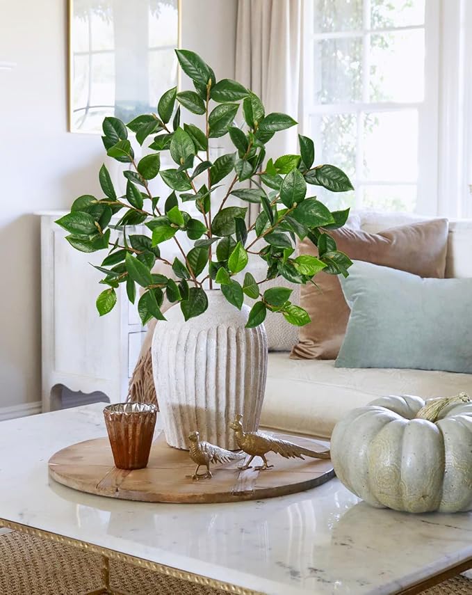 3PCS 33" Fake Plants, Tall Artificial Plant Tea Leaf Branches, Real Touch Fake Camellia Leaves Faux Greenery Stem for Vase Arrangement Kitchen Console Table Decor