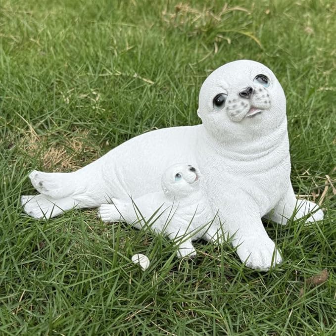 Large White Sea Lions Figurine Statues for Zoo, Oceanarium, Garden, Outdoor Decor, Porch Decorations Patio Yard Lawn Ornament, Funny Animal Sculpture Gift, Solid Interior, Resin, 9.8 in
