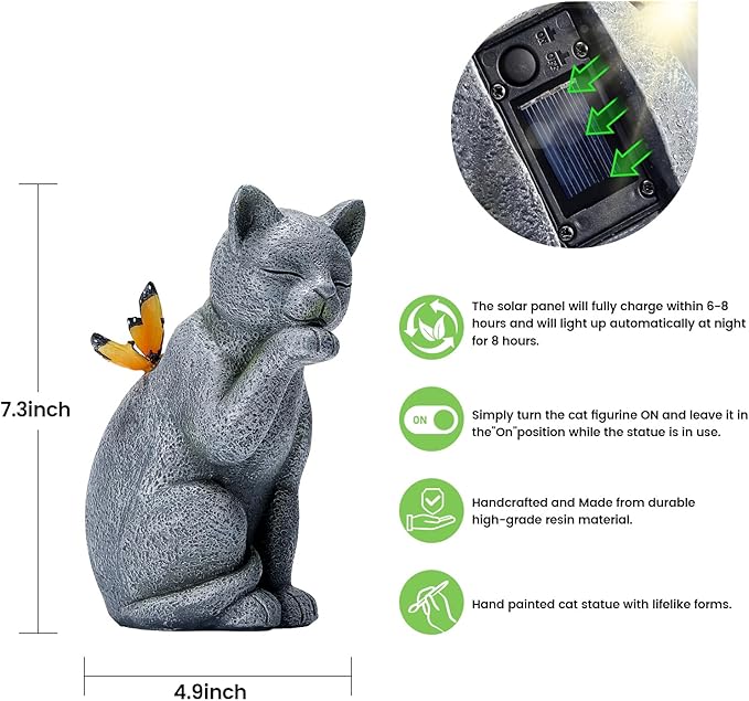 Solar Contented Cat Outdoor Statue Garden Decor,Birthday Gifts for Grandma Mom Women, Ornament for Balcony, Garden, Patio, Yard, Lawn Porch Patio Balcony Home House,7 Colors of Butterfly Glow