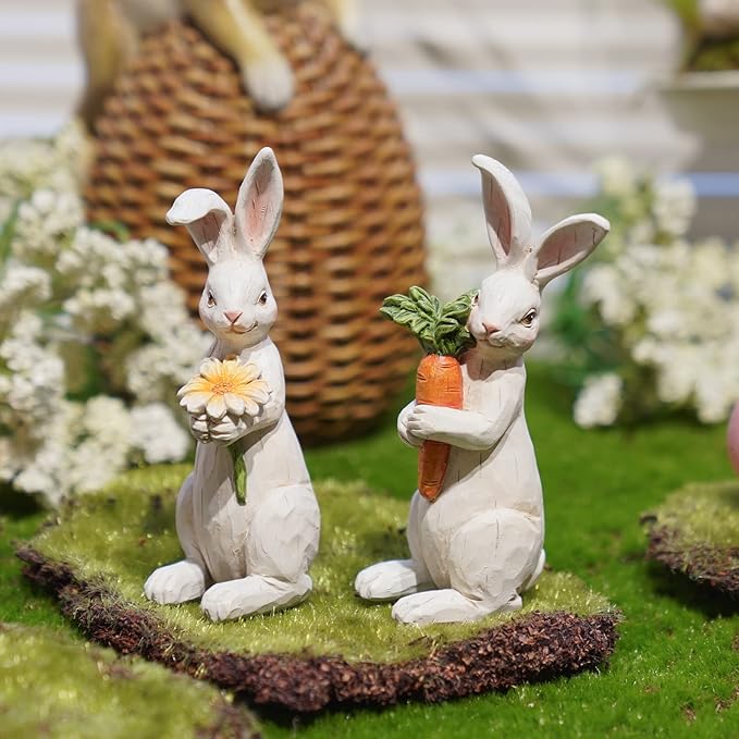 Newman House Studio Easter-Decorations Bunny-Decor Spring-Figurines Table-Centerpiece - 2PC Spring Decorations Resin Rabbits with Carrot and Flower Tabletop Ornaments for Home Farmhouse 4.5H inch
