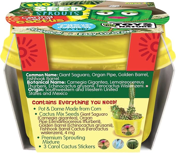 TOYS BY NATURE Eco Seed Sprouts Plant Seeds 5-Pack, DIY Indoor Succulents and Live Plants for Home or Garden Planting, Caring Carol Cactus