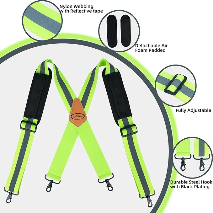 MELOTOUGH High Visibility Tool Belt Suspenders Safety Reflective Tool belt Harness for Heavy Duty Work belt with Movable shoulder Pads, Quick lobster clasp (4 point support with high visibility)