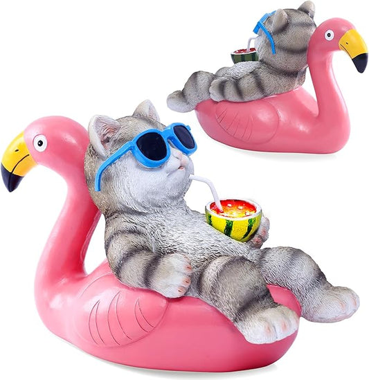 Nacome Cat Lying Flamingo for Garden Statue: Solar Outdoor Decor Figurine for Clearance Outside Lawn Ornaments Porch Patio Balcony – Gifts for Grandma Mom