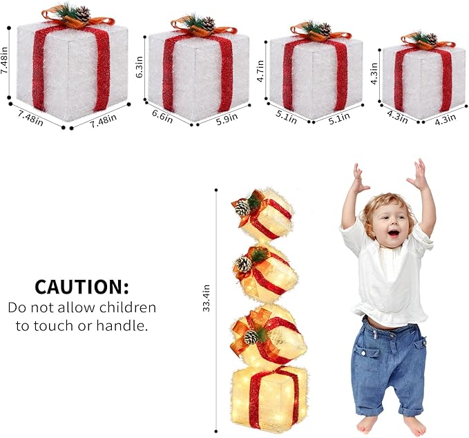 Christmas Lighted Gift Boxes Decorations Set of 4, 2.8Ft Stackable Christmas Nesting Boxes Battery Operated with Timer for Home and Party Decoration