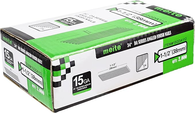 meite 15 Gauge 34 Degree Angled Finish Nails 1-1/2-Inch Galvanized Finishing Nails for Nail Gun, DA Series Glue-collated Nail for Window Trimming/Cabinet, 16,000PCS