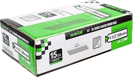 meite 15 Gauge 34 Degree Angled Finish Nails 1-1/2-Inch Galvanized Finishing Nails for Nail Gun, DA Series Glue-collated Nail for Window Trimming/Cabinet, 16,000PCS