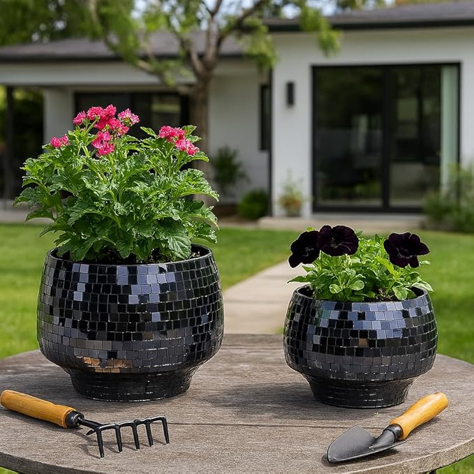 Flower Pots and Planters for Home Decor – Mosaic Indoor and Outdoor Plant Pots for Garden, Patio, or Room – Modern Pots for Indoor Plant Stand for Herbs, Succulents, or Ferns Set of 2 – 8", 6" Black