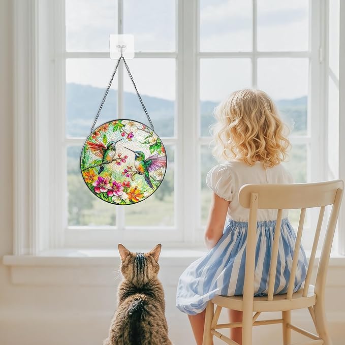 Suncatcher Stained Glass Window Hanging - Hummingbird Glass Panel with Metal Chain and Hooks Handmade Sun Catcher Decoration for Window Garden Home Christmas & Birthday Gifts (8 Inch)