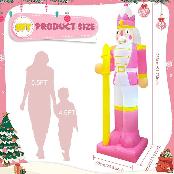 OurWarm 8FT Christmas Inflatables Pink Nutcracker Christmas Decor, Christmas Blow Ups Outdoor Nutcracker Decor with LED, Inflatable Decorations Outdoor for Yard Lawn Garden Xmas Decorations