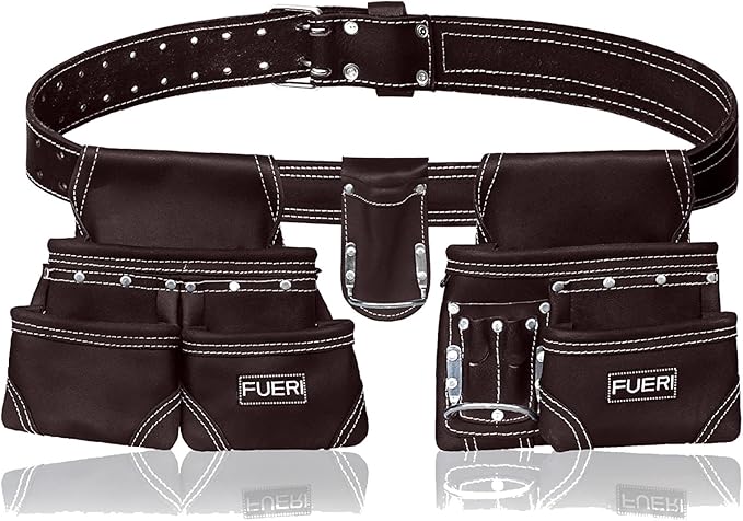 FUERI Leather Tool Belt with Dual Hammer Holster Tool Pouches Heavy Duty For Men Construction Carpenters Electricians Framers Ironworkers Garden Women