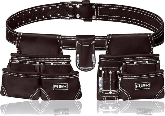FUERI Leather Tool Belt with Dual Hammer Holster Tool Pouches Heavy Duty For Men Construction Carpenters Electricians Framers Ironworkers Garden Women