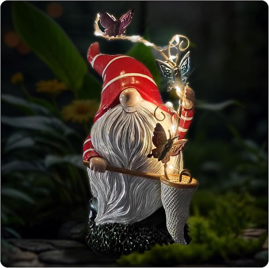 Solar Powered Gnome Garden Statue with Iron Butterflies - LED Lighted Garden Decorations, Resin Gnome with Butterfly Net, Gifts for Women and Men，Outdoor Decor Ornaments for Outside