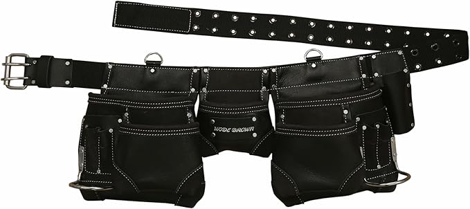Professional Leather Tool Belt, Black, Multi-Pocket Construction Pouch with Metal Buckle, Heavy Duty Carpenter Framer Handyman Belt