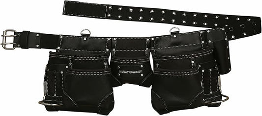 Professional Leather Tool Belt, Black, Multi-Pocket Construction Pouch with Metal Buckle, Heavy Duty Carpenter Framer Handyman Belt