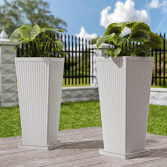 Tapered Tall Planters for Outdoor Plants 2 Pack- 23.6 Inch Square Indoor Flower Pots with Drainage Holes and Partition/Tray Saucers, Large Outdoor Planters for Porch Patio Garden, White